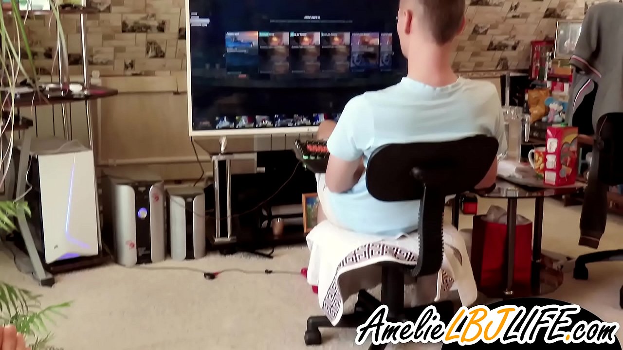 Girl masturbates with sex toy for boyfriend to play computer games